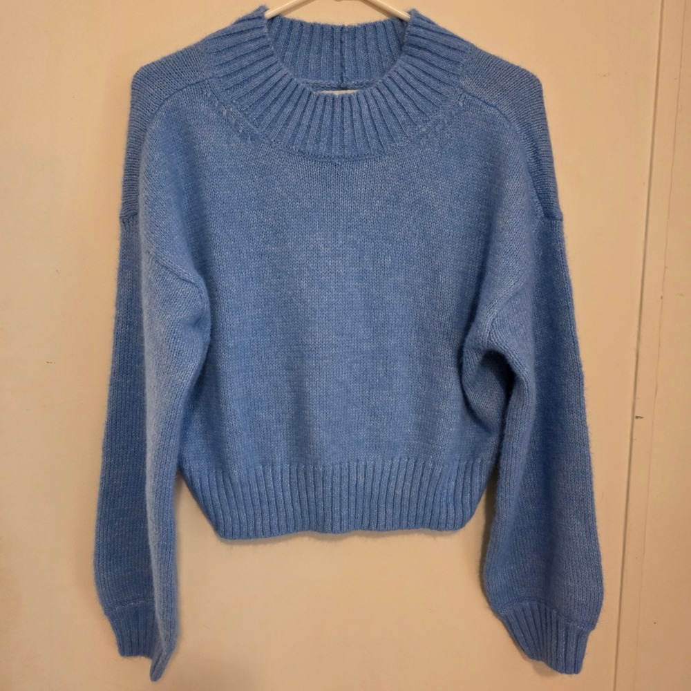 American Eagle Womens Sweater XS Blue Cropped Mock Neck Long Sleeve Knit Top